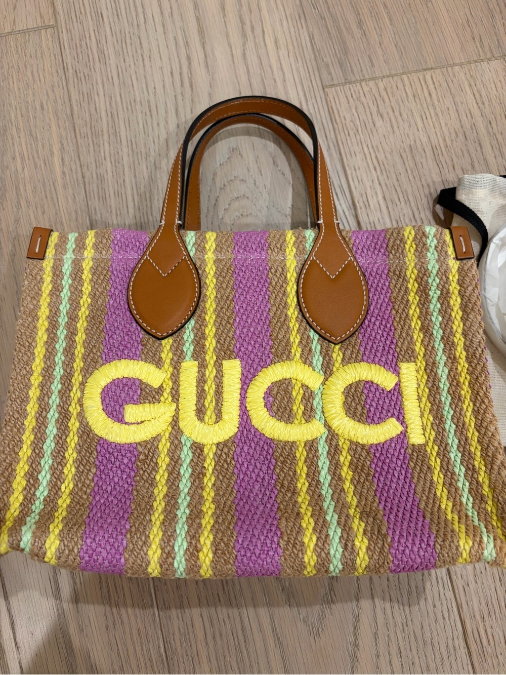 Gucci Multicolor Raffia Tote Bag with Yellow Logo